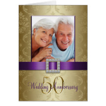 Purple Gold 50th Wedding Anniversary Invitation 2 Greeting Cards
