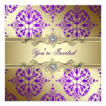 Purple Gold Damask Purple Party Custom Announcements