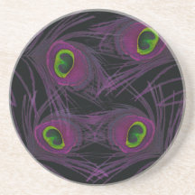 Purple & Green Peacock Feather Collage Beverage Coaster