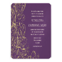 Purple Heart Leaf Tree Gold Swirl Wedding Cards