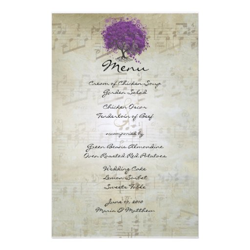 Purple Heart Leaf Tree Wedding Menu Stationery