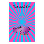 Purple hippo on pink sunburst personalized stationery