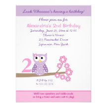 Purple Hoot Owl Girl Birthday Invite 4.25 x 5.5