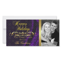 Purple Lace Silk & Gold Scroll Holiday Photo Card