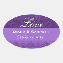 Purple Love Bride and Groom Date F204 Oval Sticker