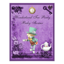Purple Mad Hatter Wonderland Tea Party Baby Shower Invitations