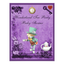 Purple Mad Hatter Wonderland Tea Party Baby Shower Personalized Announcements