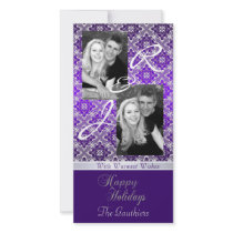 Purple Monogram Lace Holiday Ribbon Photo Card