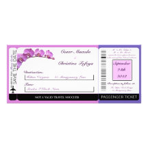 Purple Orchids on Boarding Pass Wedding Invitation