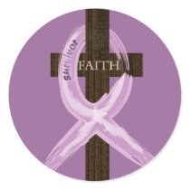 Purple "Painted" Cancer Ribbon on Cross Round Stickers