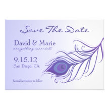 Purple Peacock Feather Save The Date Announcement