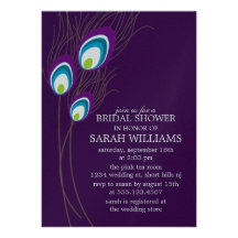 Purple Peacock Feathers Bridal Shower Custom Invitation