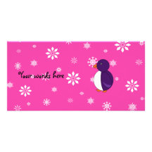 Purple penguin pink snowflakes pattern custom photo card