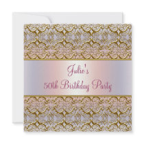 Purple Pink Damask Womans 50th Birthday Party Personalized Invite