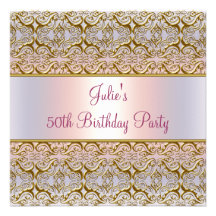 Purple Pink Damask Womans 50th Birthday Party Personalized Invite