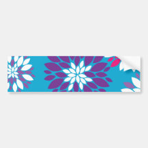 Purple Pink White Flower Art on Blue Bumper Stickers
