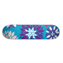 Purple Pink White Flower Art on Teal Blue Skateboard Deck