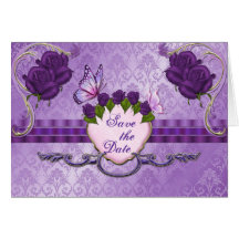 Purple Rose Damask  Wedding Save the Date Card