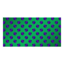Purple shamrocks on green background photo card template