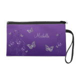 Purple Silver Butterfly Floral Wristlet Bag