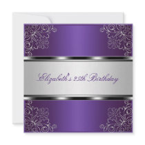 Purple Silver Floral 25th Birthday Party Event Invites