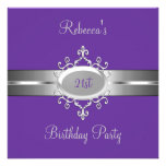 Purple Silver Jewel 21st Elegant Birthday Party Personalized Announcement