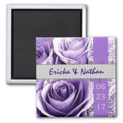 Purple Silver Wedding Rose Bouquet with Lace Refrigerator Magnets by