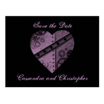 Purple steampunk heart save the date wedding post cards