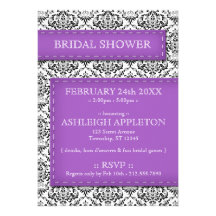 Purple Stitched Damask Bridal Shower Invitations