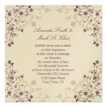 Purple Swirls on Cream Wedding Invitation