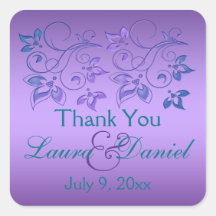 Purple, Teal Blue Floral 1.5" Sq. Wedding Favour Sticker