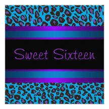 Purple Teal Leopard Sweet 16 Birthday Party Personalized Announcement
