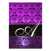 PURPLE VIOLET BLACK  DAMASK MONOGRAM , white Custom Invitations