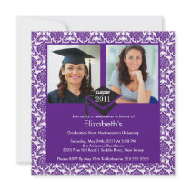Purple & White Damask Photo Graduation Invitation