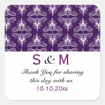 Purple White Damask Thank You Monogram Wedding Stickers