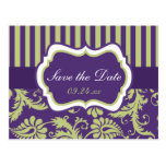 Purple, White, Green Damask Save the Date Card Post Card
