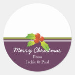 Purple white holly Christmas holiday gift tag Round Sticker