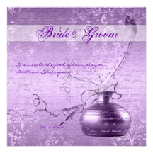 Purple white vintage engagement couple invites