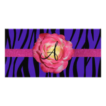 Purple zebra stripe monogram pink rose custom photo card