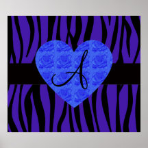 Purple zebra stripes monogram blue roses posters
