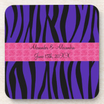 Purple zebra stripes pink roses wedding favours drink coaster
