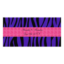 Purple zebra stripes pink roses wedding favours photo greeting card
