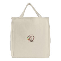 Q monogram floral butterfly embroidered tote bag