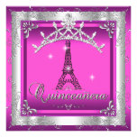 Quinceanera 15 Pink Silver Tiara Eiffel Tower Announcements