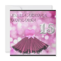 QUINCEANERA 15 Silver Black Pink Dress Bubble Personalized Invites