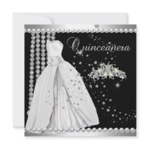 Quinceanera 15 Tiara Gown Black Silver White Personalized Invitations