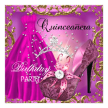 quinceanera 15th Birthday Party Gold Dress Tiara Personalized Invite