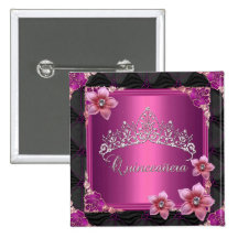 Quinceanera 15th Birthday Party Pink Tiara  button