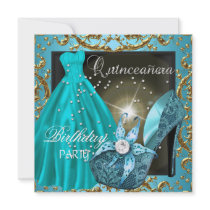 quinceanera 15th Birthday Party Teal Dress Gown Custom Announcements