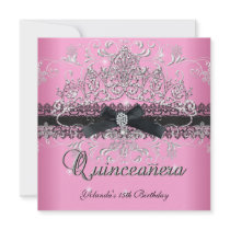 Quinceanera 15th Pink Glitter Tiara Black Bow Custom Invitation